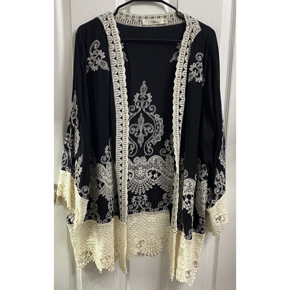 Solitaire Women Floral Lace Embroidery Kimono Scallop Cardigan Boho Black 2XL